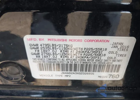 2016 Mitsubishi Outlander Es z USA, uszkodzony, nr VIN JA4AD2A3XGZ026831